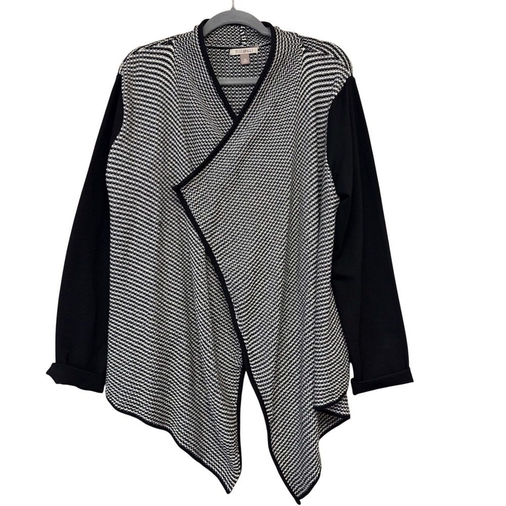 Roz & Ali Black White Textured Asymmetric Open Front Cardigan‎ Sweater Womens XL
